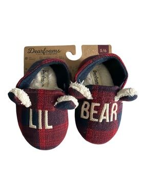 dearfoams Red and Navy Plaid "LIL BEAR" Kids Slippers